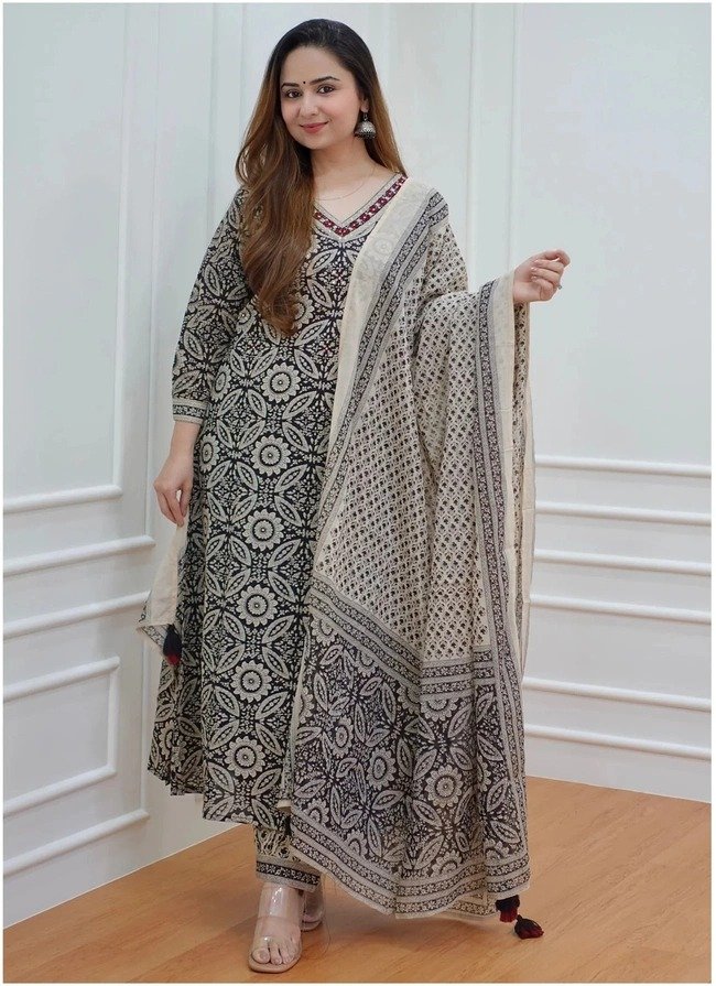 Premium Beige and Black Soft Cotton Ready Made Shalwar Suit - Image 2