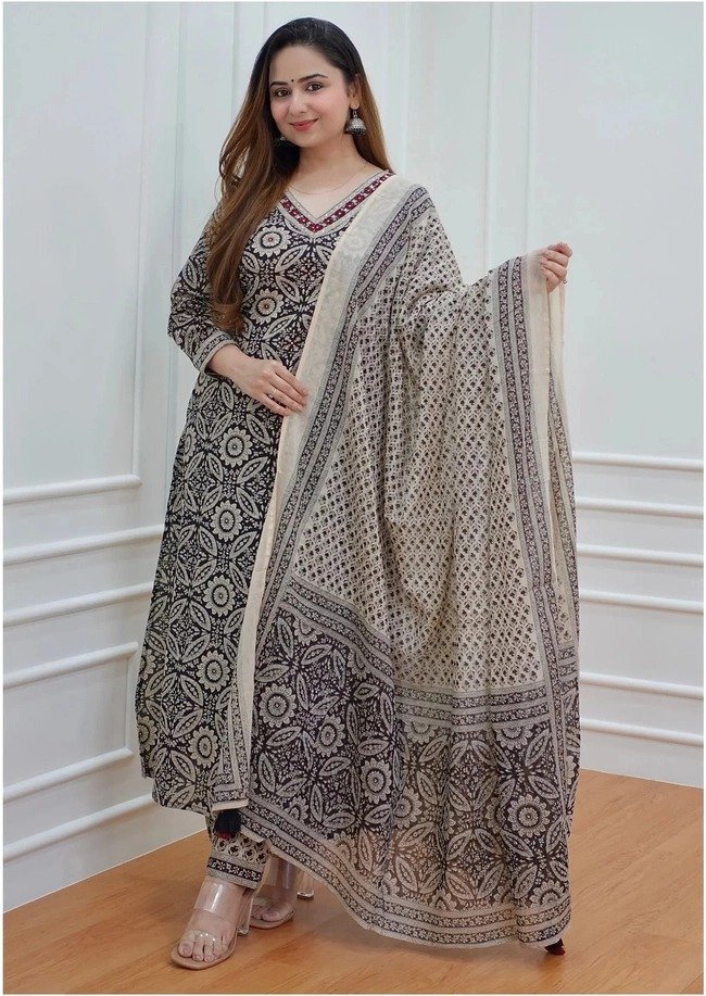 Premium Beige and Black Soft Cotton Ready Made Shalwar Suit - Image 3