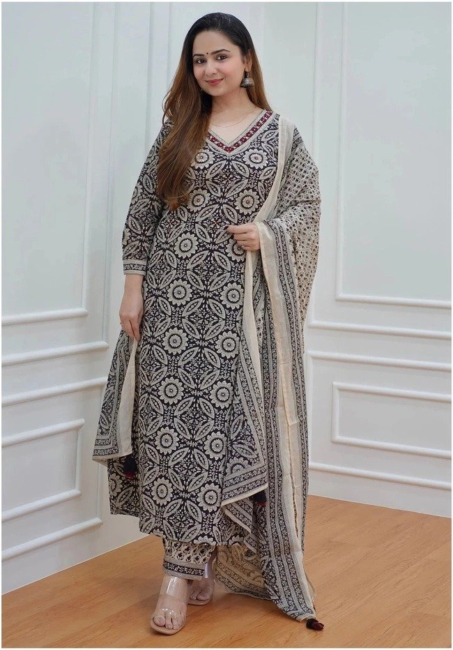 Premium Beige and Black Soft Cotton Ready Made Shalwar Suit - Image 4