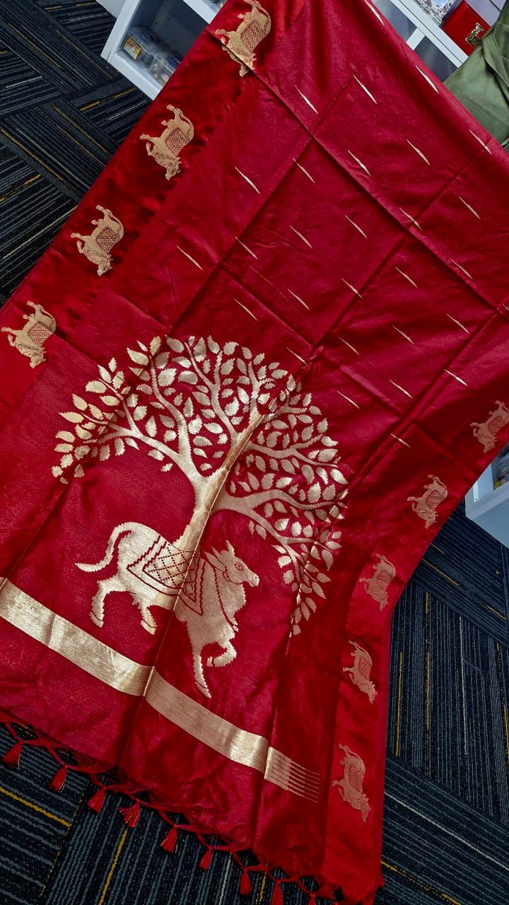 Premium Red Colour Pichwai Tussur Silk Saree