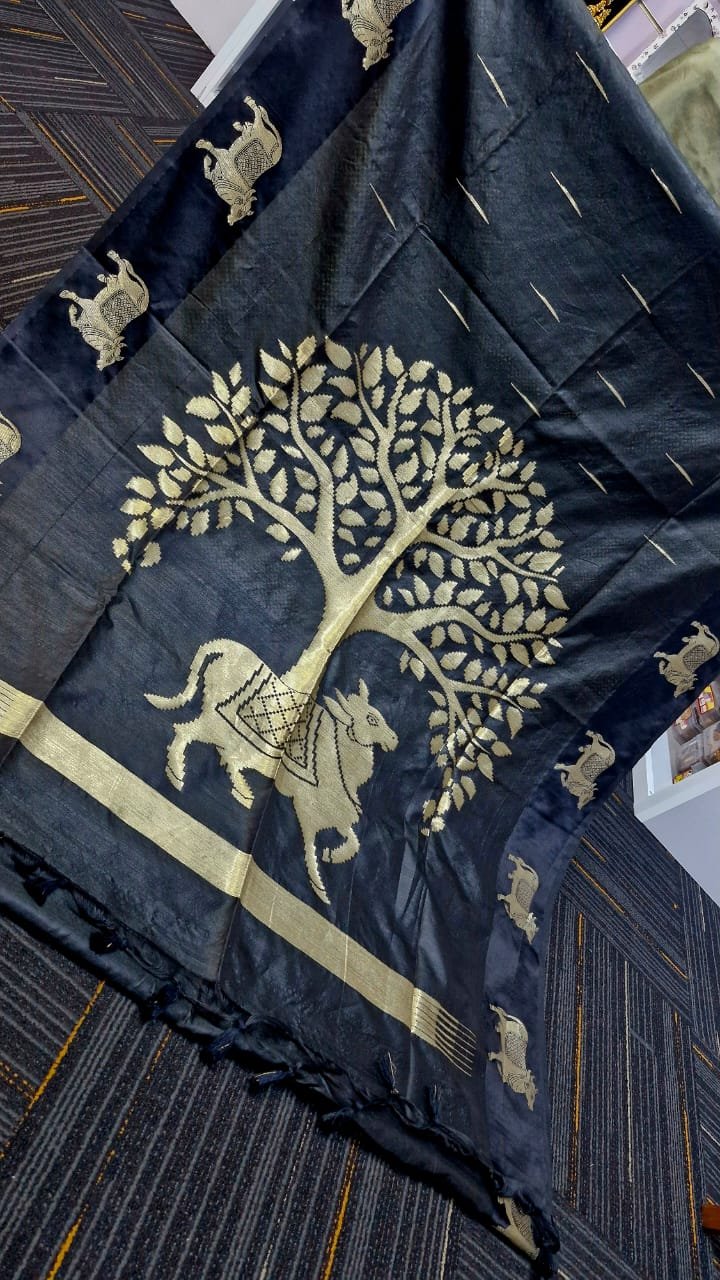Premium Black Colour Pichwai Tussur Silk Saree