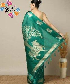 Premium Green Colour Pichwai Tussur Silk Saree Premium Green Colour Pichwai Tussur Silk Saree