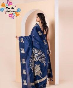 Premium Blue Colour Pichwai Tussur Silk Saree Premium Blue Colour Pichwai Tussur Silk Saree