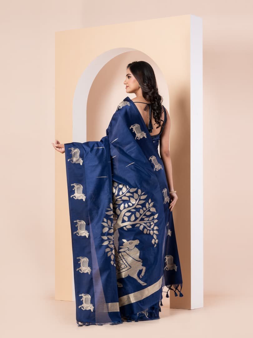 Premium Blue Colour Pichwai Tussur Silk Saree Premium Blue Colour Pichwai Tussur Silk Saree - Image 4