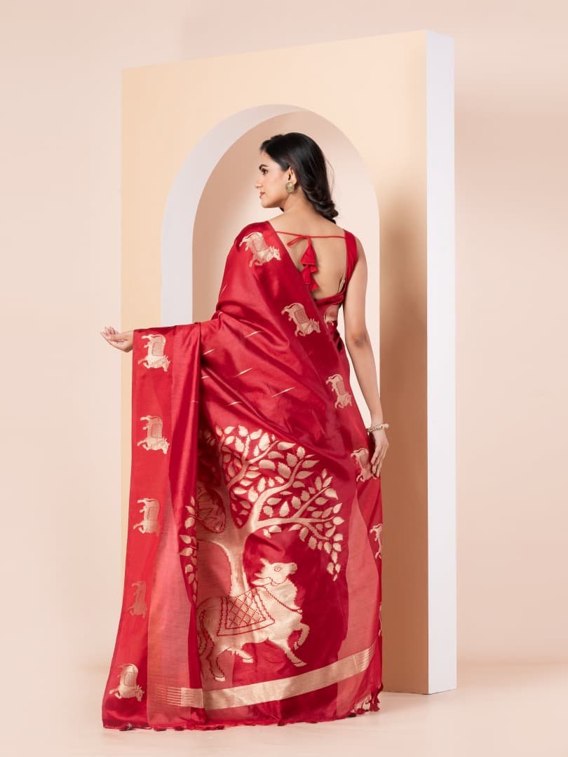 Premium Red Colour Pichwai Tussur Silk Saree Premium Red Colour Pichwai Tussur Silk Saree - Image 4