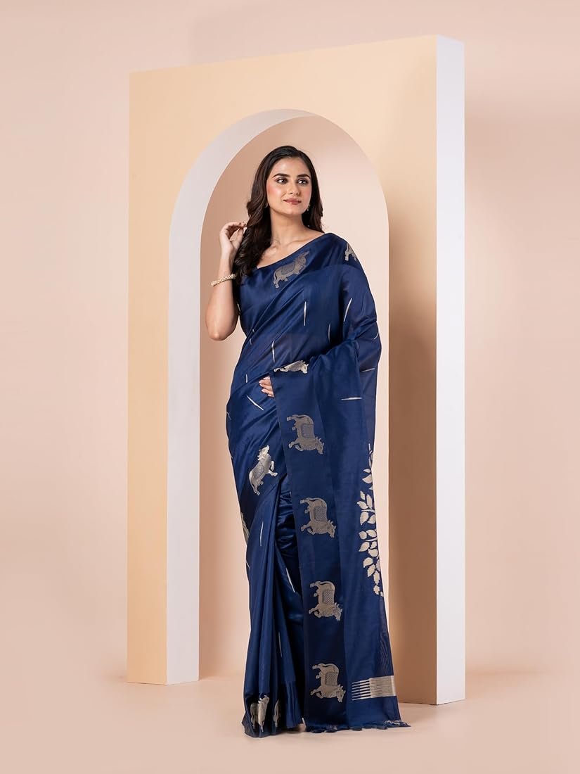 Premium Blue Colour Pichwai Tussur Silk Saree Premium Blue Colour Pichwai Tussur Silk Saree - Image 3