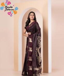 Premium Dark Brown Colour Pichwai Tussar Silk Saree Premium Dark Brown Colour Pichwai Tussar Silk Saree
