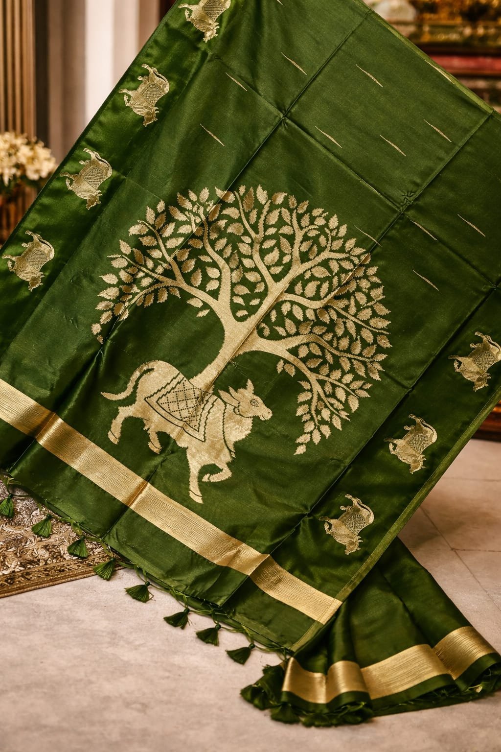 Premium Apple Green Colour Pichwai Tussur Silk Saree Premium Apple Green Colour Pichwai Tussur Silk Saree