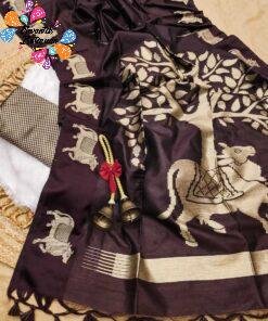 Premium Dark Brown Colour Pichwai Tussar Silk Saree
