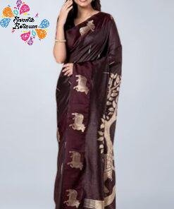 Alternative view of Premium Dark Brown Colour Pichwai Tussar Silk Saree