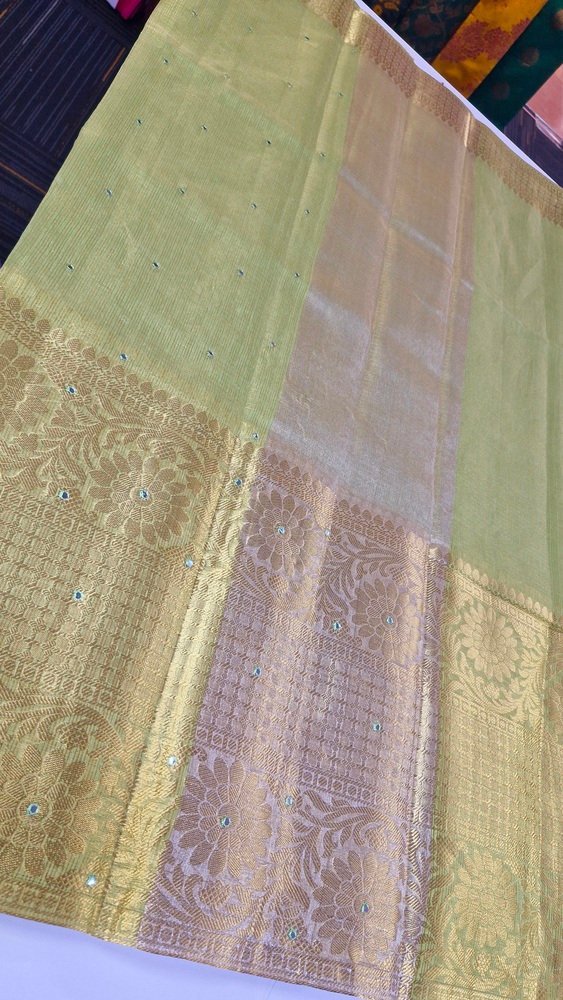 Olive Green Colour Golden Tissue Silk Saree - Image 5