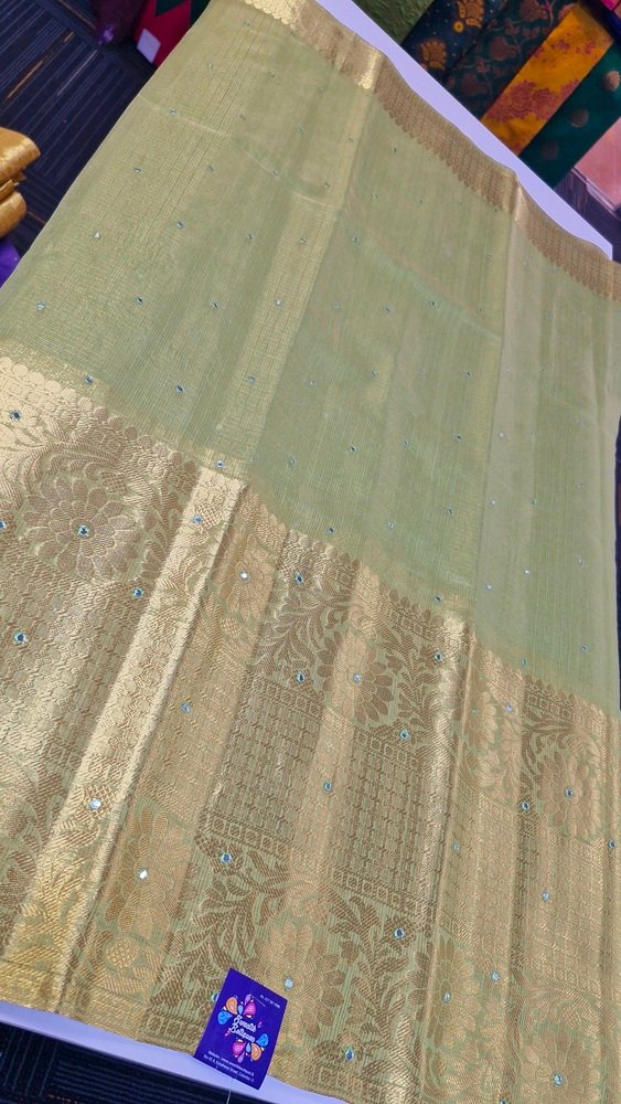 Olive Green Colour Golden Tissue Silk Saree - Image 4