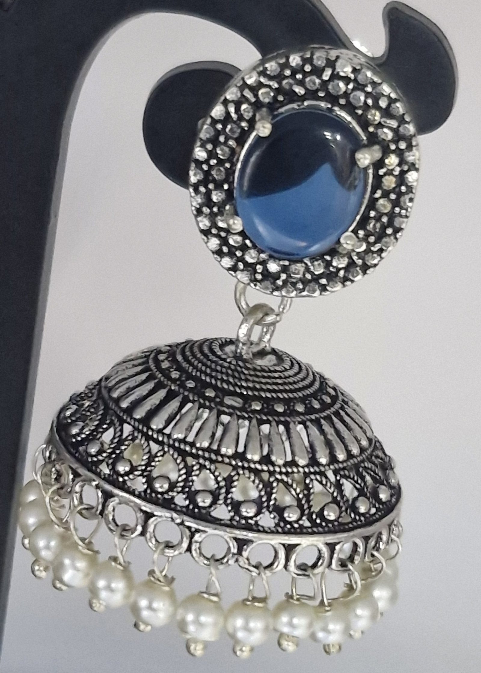 Blue Stone Oxidised Silver Jhumkha Blue Stone Oxidised Silver Jhumkha - Image 2