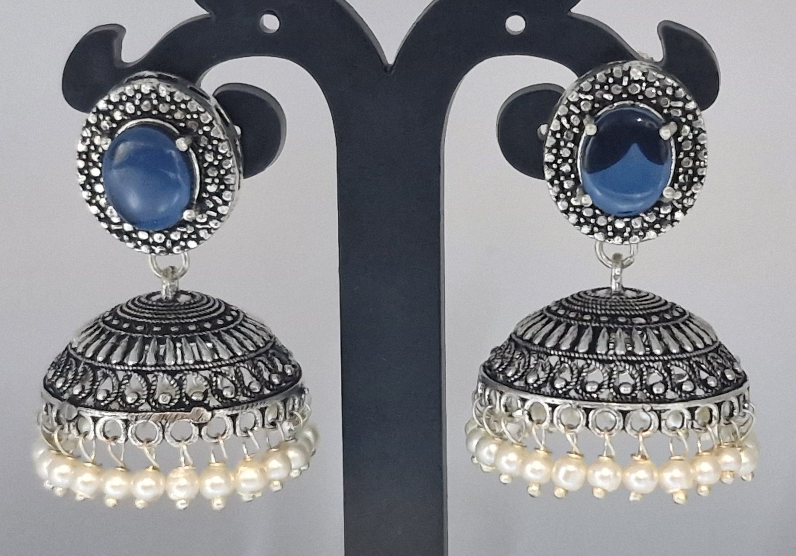 Blue Stone Oxidised Silver Jhumkha Blue Stone Oxidised Silver Jhumkha - Image 3