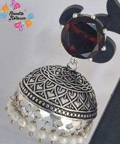 Red Stone Oxidised Silver Jhumkha Red Stone Oxidised Silver Jhumkha