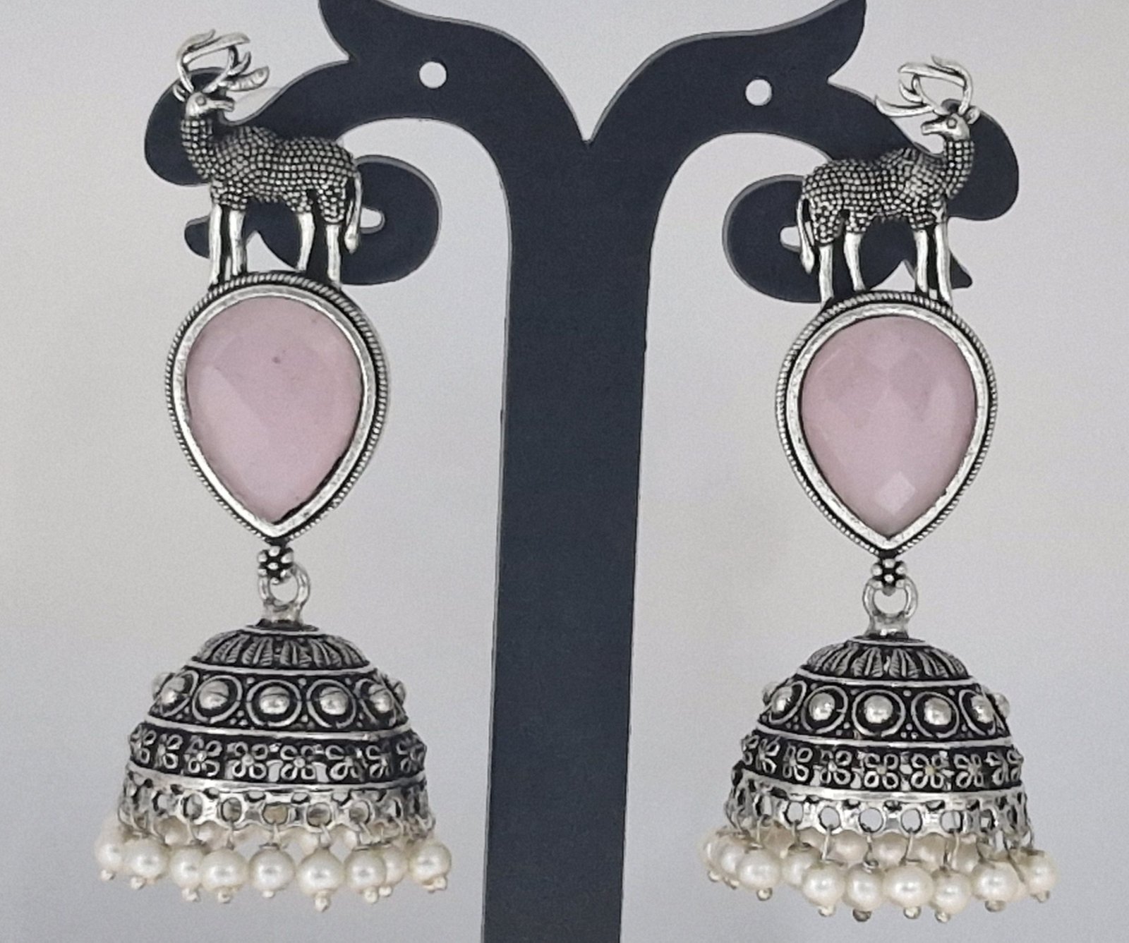 Pink Stone Oxidised Silver Jhumkha Pink Stone Oxidised Silver Jhumkha - Image 3