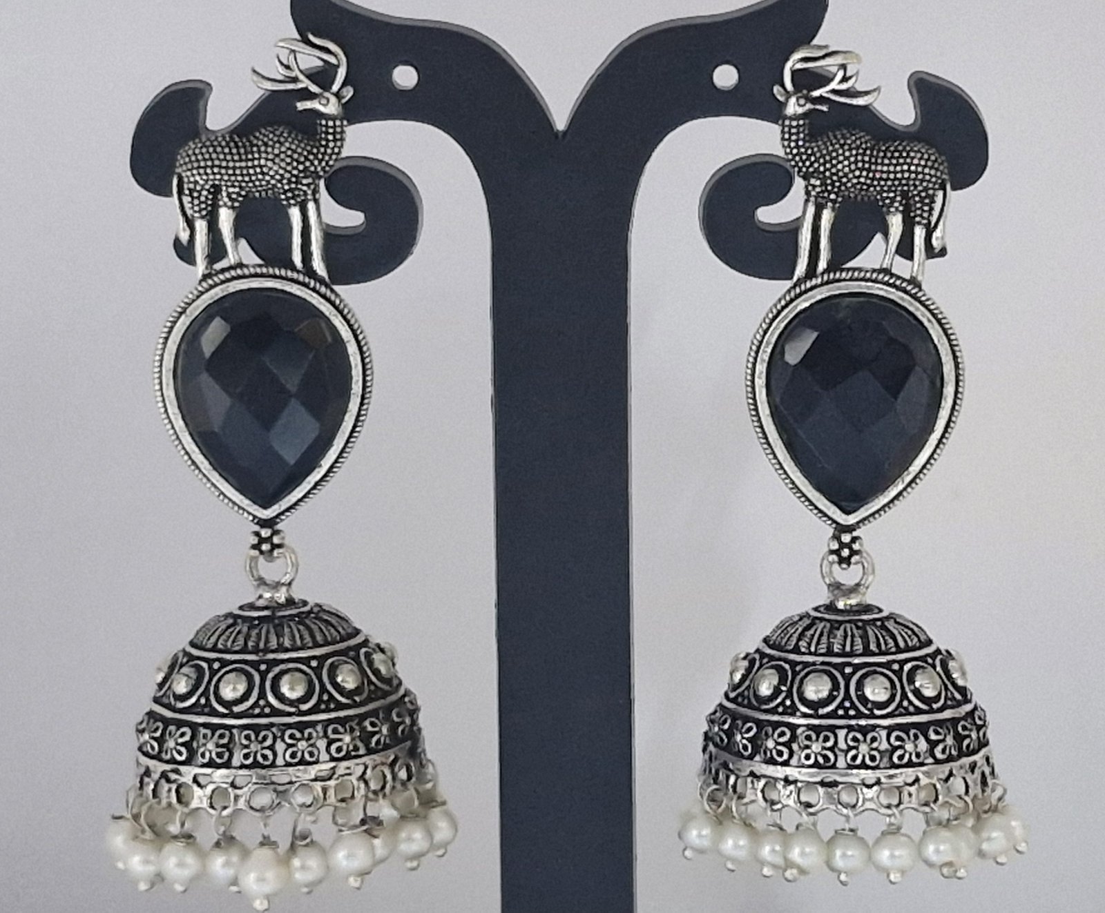 Black Stone Oxidised Silver Jhumkha Black Stone Oxidised Silver Jhumkha - Image 3