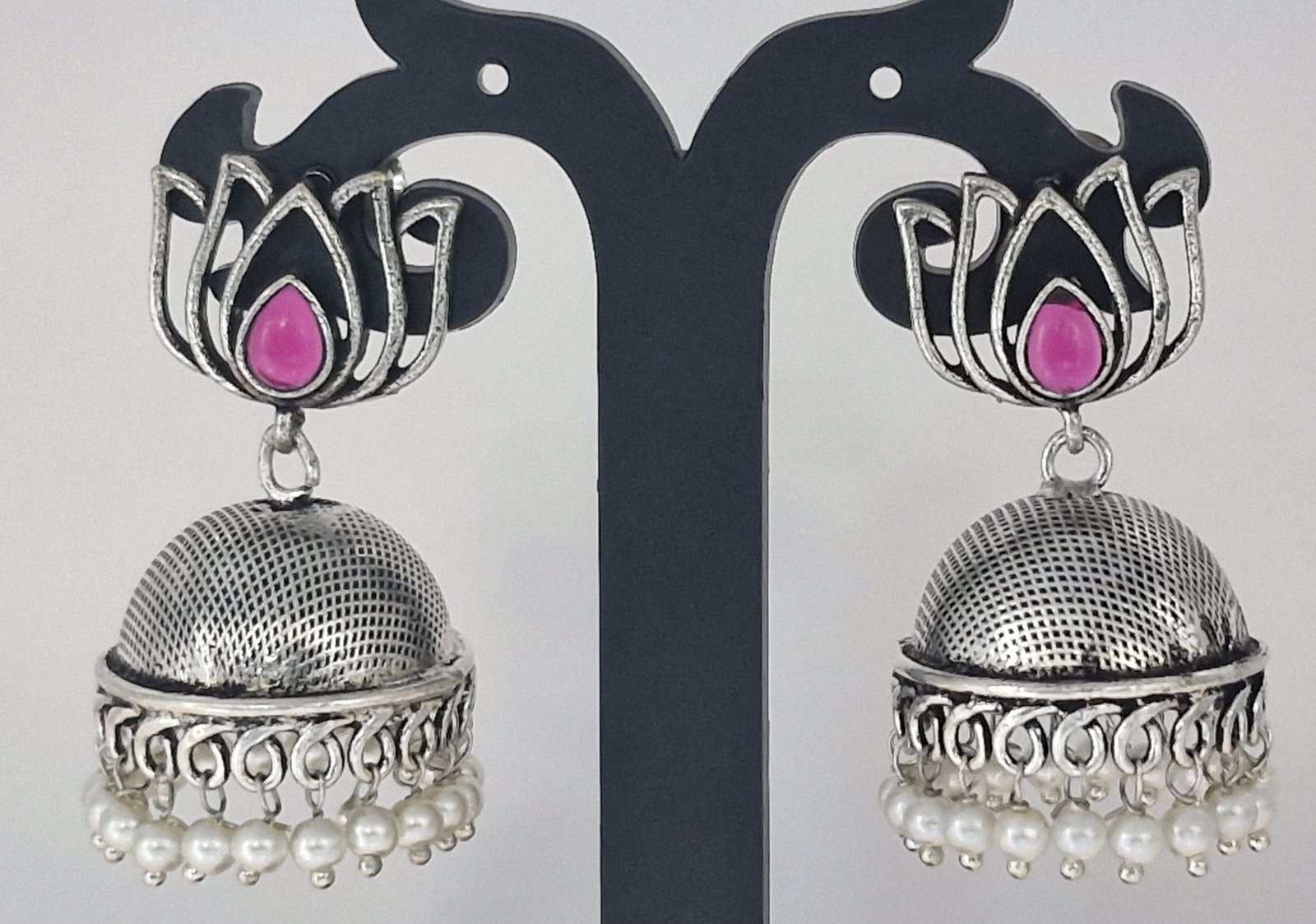 Floral Design Oxidised Silver Jhumkha Floral Design Oxidised Silver Jhumkha - Image 3