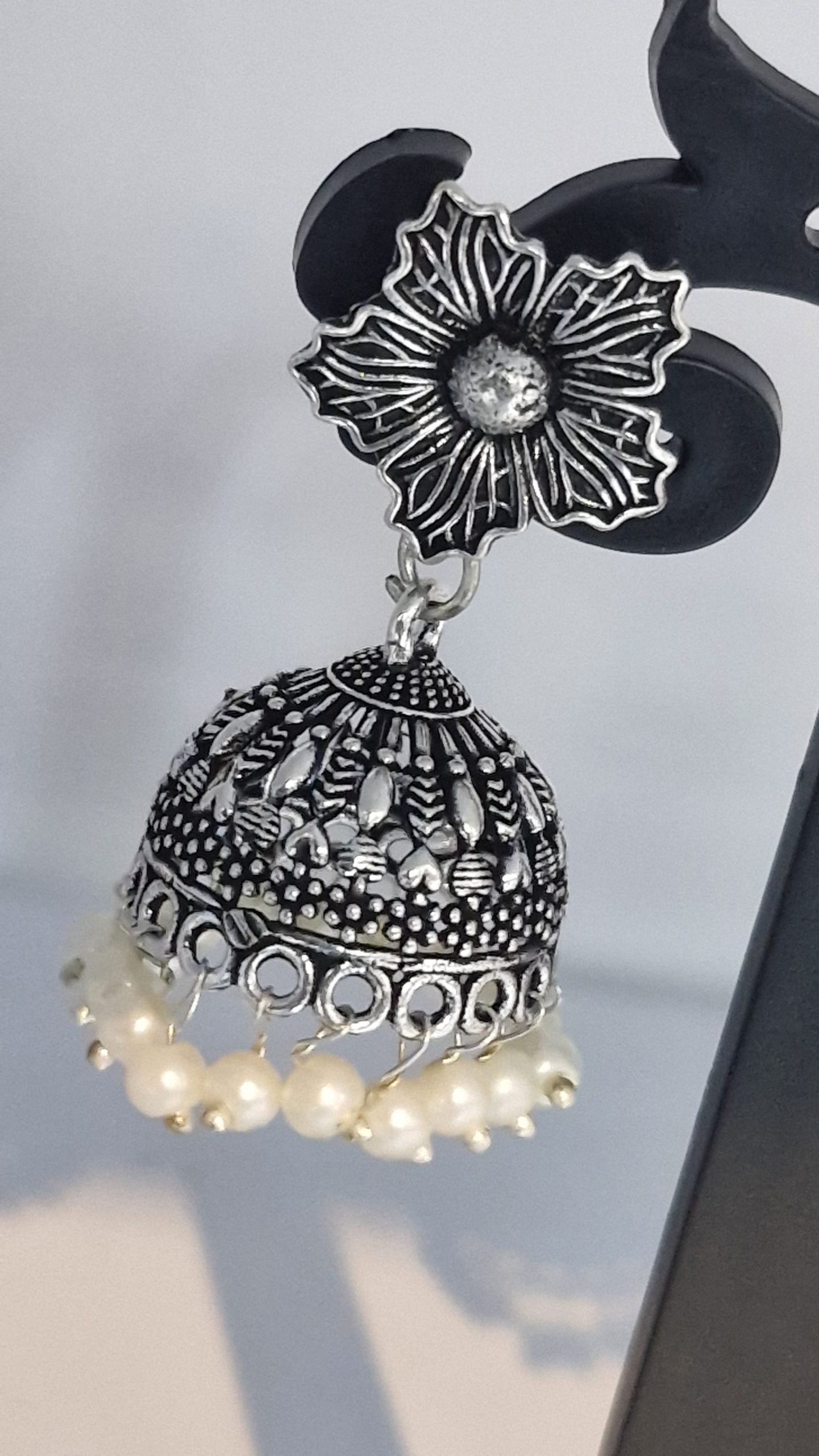 Floral Designer Oxidised Silver Jhumkha Floral Designer Oxidised Silver Jhumkha