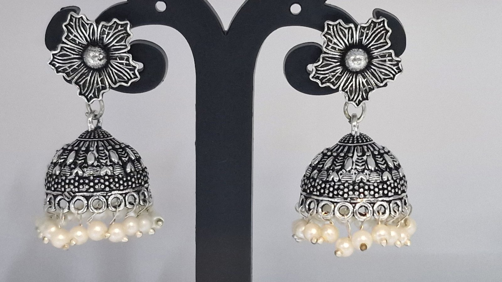 Floral Designer Oxidised Silver Jhumkha Floral Designer Oxidised Silver Jhumkha - Image 2