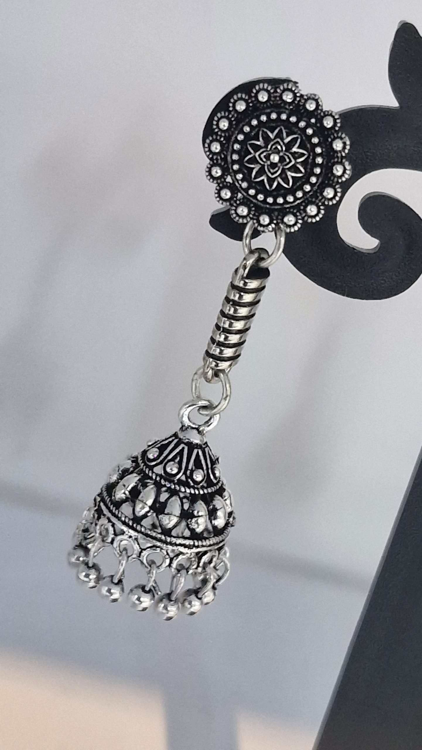 Floral Designer Oxidised Silver Jhumkha
