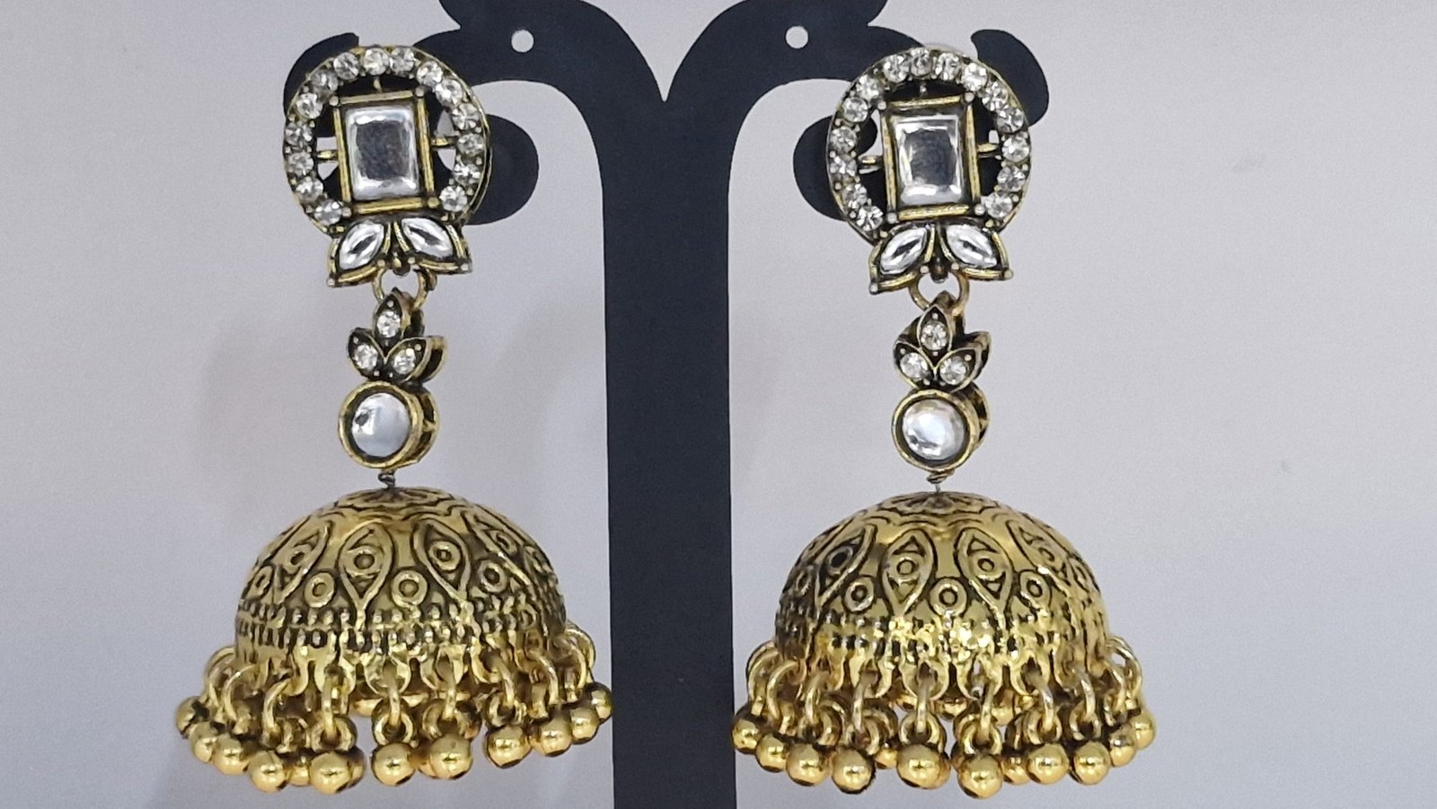 Gold Oxidised with White Stones Jhumkha Gold Oxidised with White Stones Jhumkha - Image 3