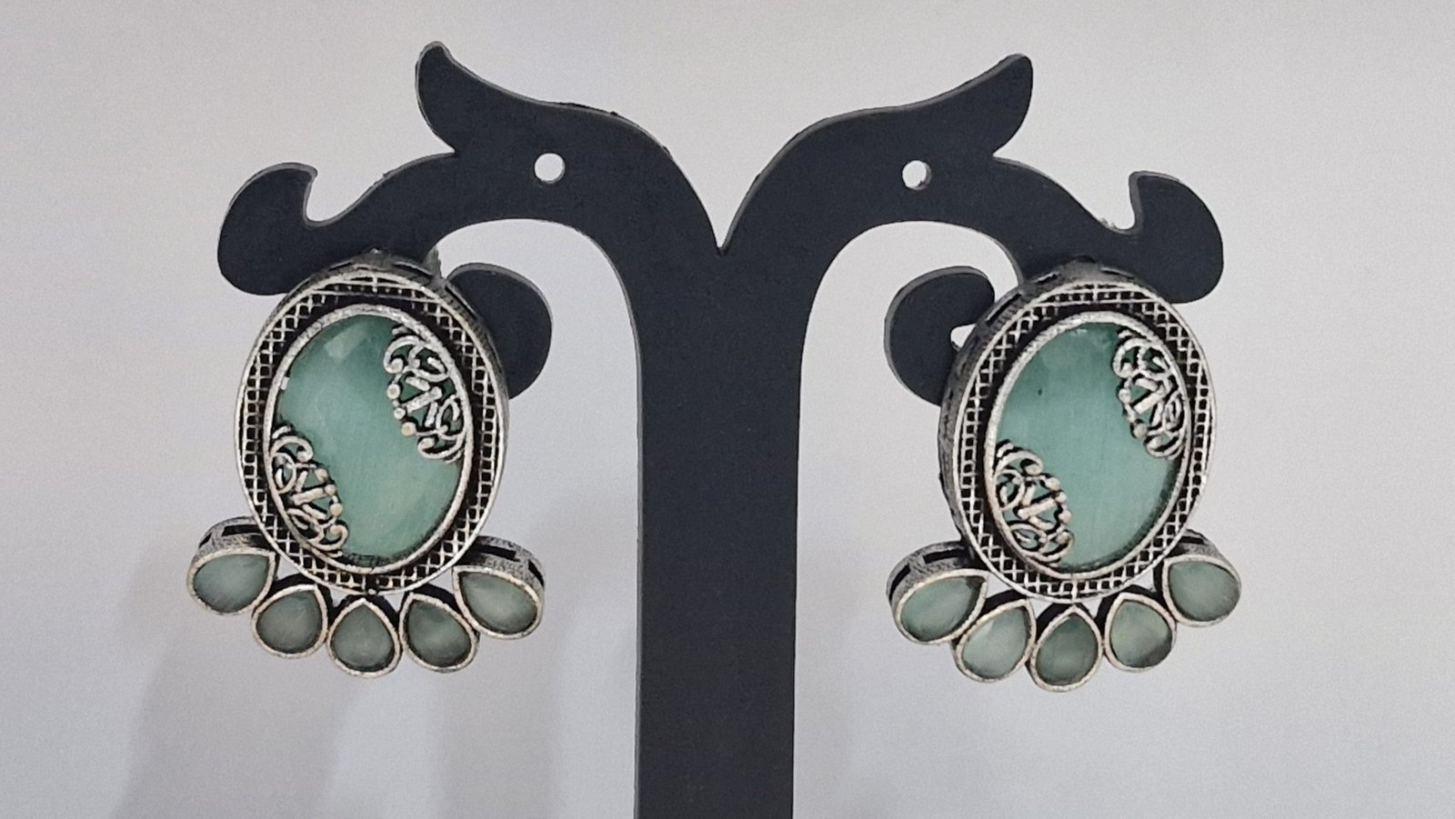 Green and Silver Oxidised Earrings Green and Silver Oxidised Earrings - Image 2