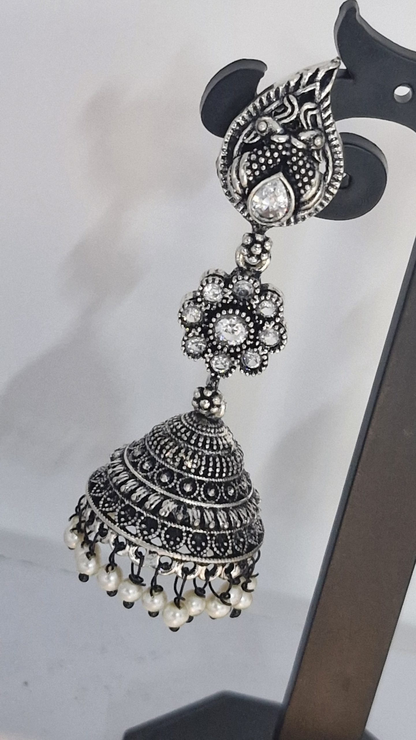 Floral Design Oxidised Silver Jhumkha Floral Design Oxidised Silver Jhumkha - Image 2