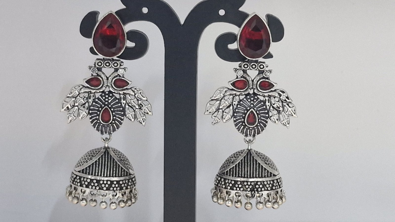 Peacock and Red Stone Oxidised Silver Jhumkha Peacock and Red Stone Oxidised Silver Jhumkha - Image 3