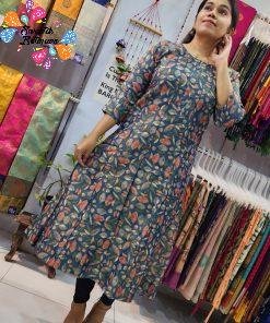 Teal Blue Tissue Silk Frock Style Kurthi