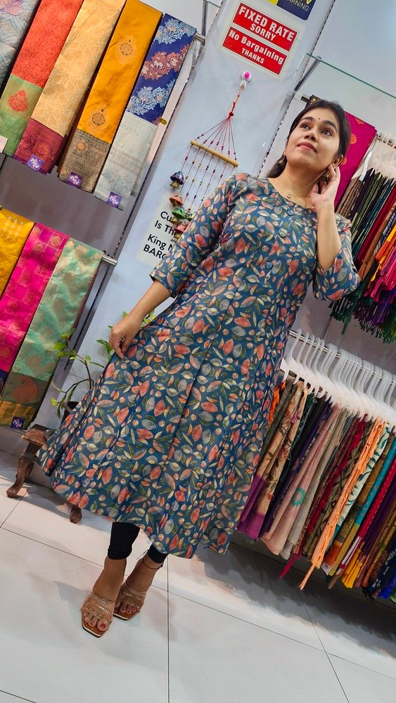 Teal Blue Tissue Silk Frock Style Kurthi Teal Blue Tissue Silk Frock Style Kurthi