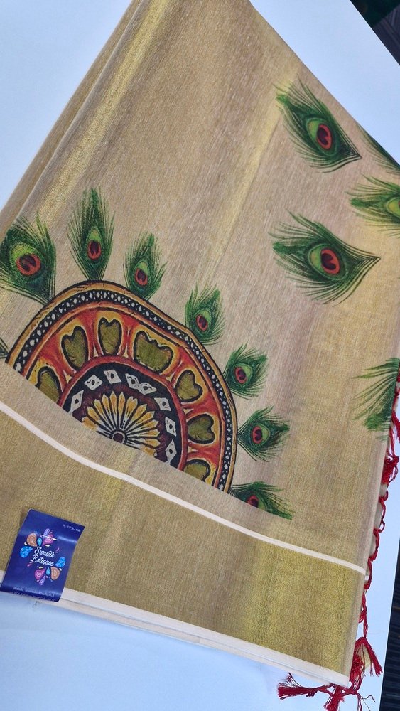 Chakra Feather Designer Golden Tissue Silk Saree Chakra Feather Designer Golden Tissue Silk Saree