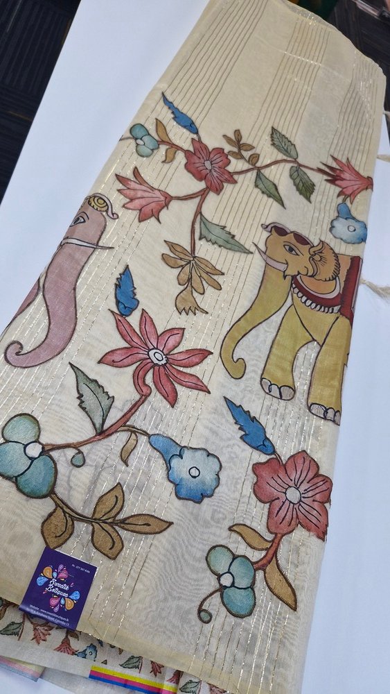 Elephant Designer Semi Chanderi Silk Saree With Applique Work - Image 4