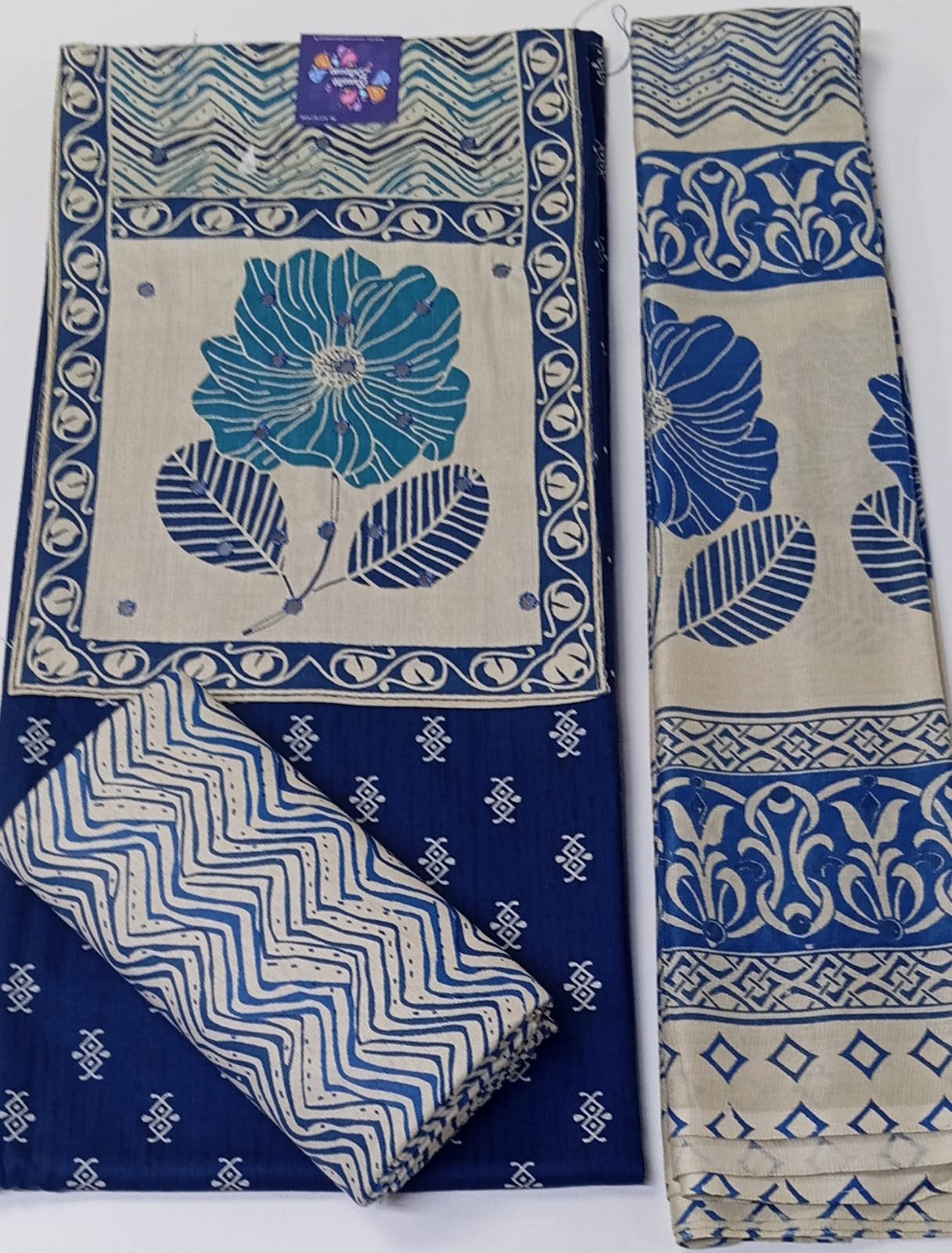 Dark Blue and Butter Colour Flower Designer Premium Heavy Rayon Shalwar Material