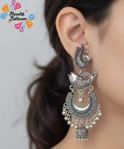 Peacock and Fish Designer Oxidised Silver Earring