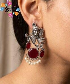 Radha Krishna Oxidized Silver Earrings