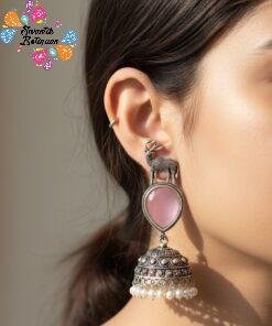 Pink Stone  Oxidised Silver Jhumkha