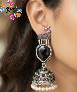 Black Stone Oxidised Silver Jhumkha
