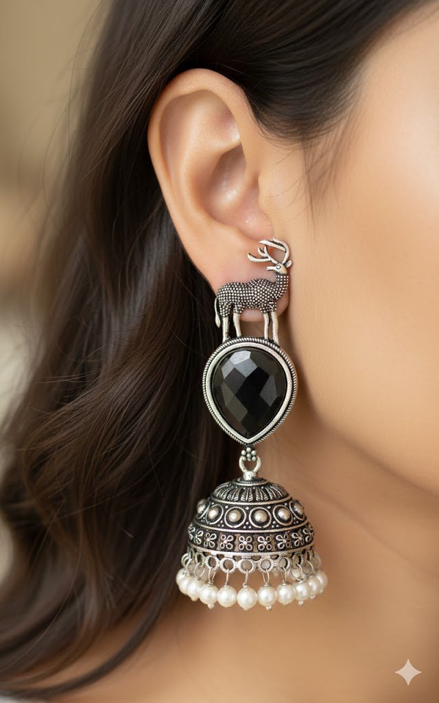 Black Stone Oxidised Silver Jhumkha Black Stone Oxidised Silver Jhumkha