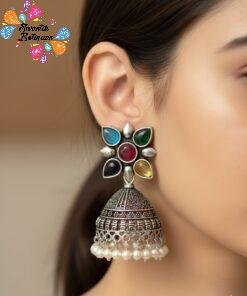 Floral Design Oxidised Silver Jhumkha