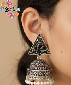Floral Design Oxidised Silver Jhumkha