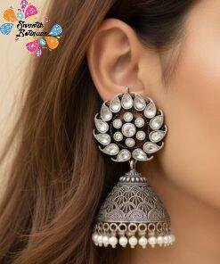 Floral Design Oxidised Silver Jhumkha