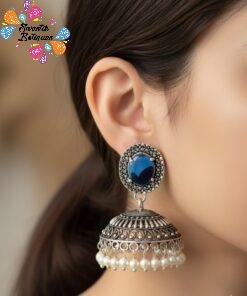 Blue Stone Oxidised Silver Jhumkha