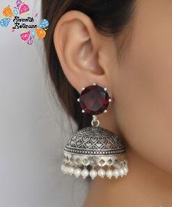 Red Stone Oxidised Silver Jhumkha