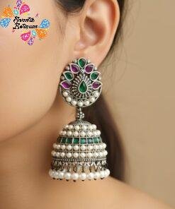 Floral Design  Oxidised Silver Jhumkha