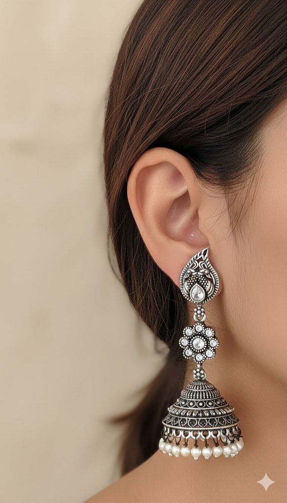 Floral Design Oxidised Silver Jhumkha Floral Design Oxidised Silver Jhumkha