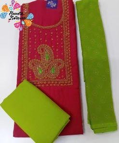 Apple Green and Dark Pink Colour Aari Work Shalwar Material