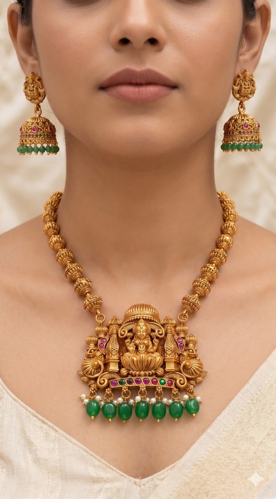 Lakshmi Designer With Green Pearl Matte Finished Haram Lakshmi Designer With Green Pearl Matte Finished Haram