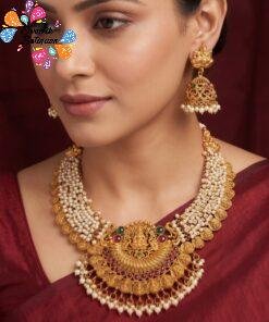 White Pearl With Lakshmi And Peacock Designer Matte Finished Necklace