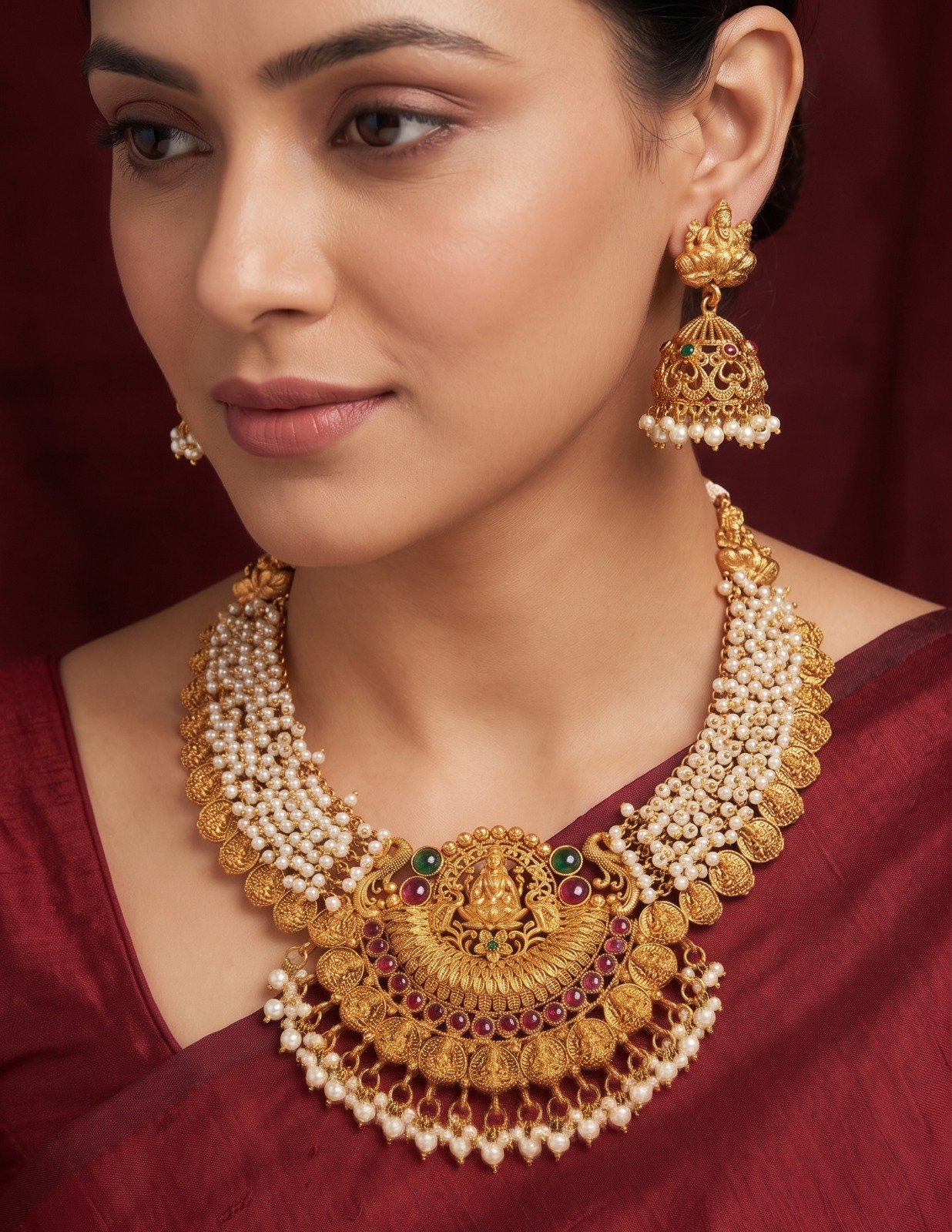 White Pearl With Lakshmi And Peacock Designer Matte Finished Necklace White Pearl With Lakshmi And Peacock Designer Matte Finished Necklace